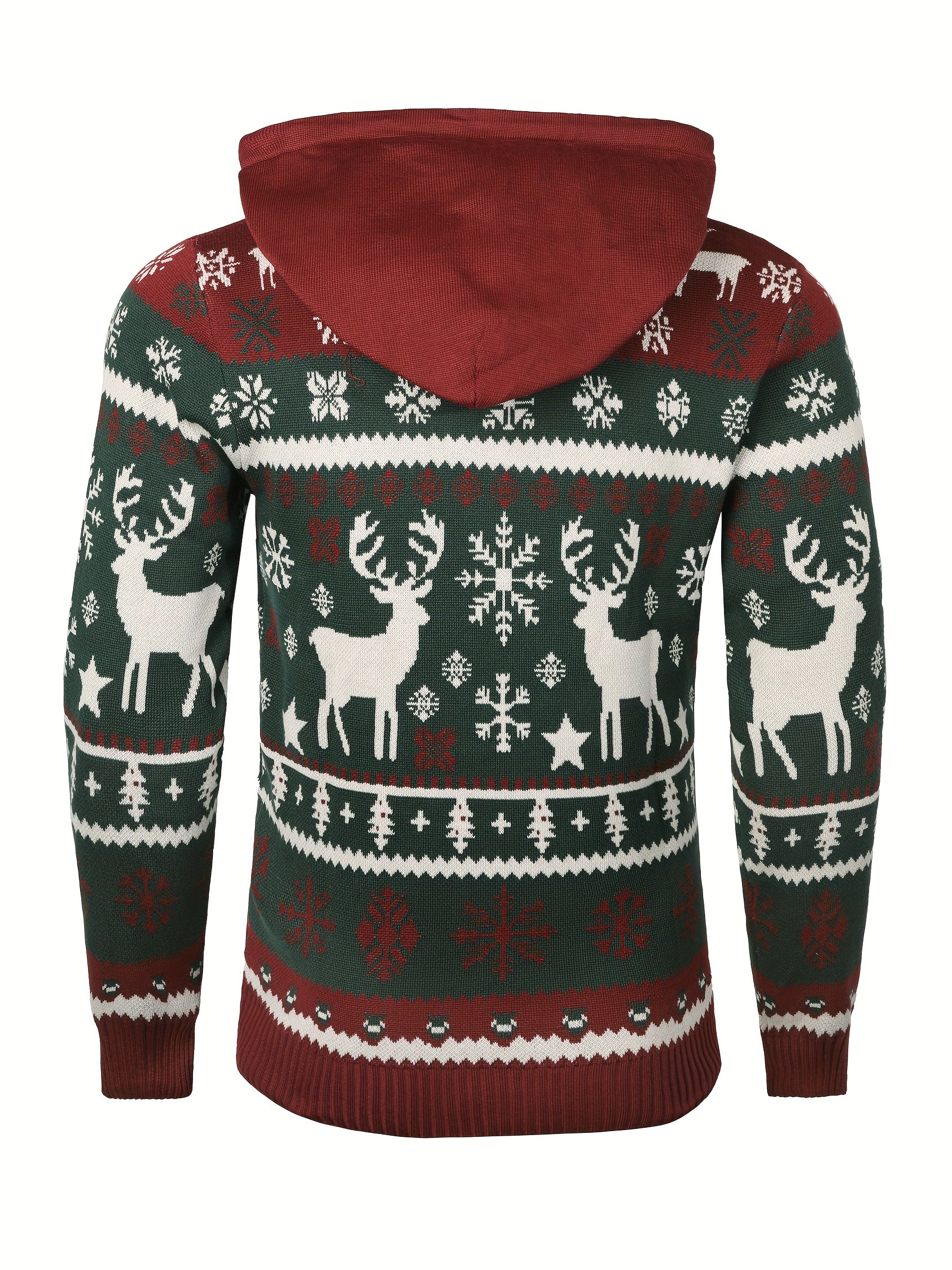 Men's Christmas Sweater Hoodie with Reindeer, Snowflake & Star Patterns - Hooded Pullover