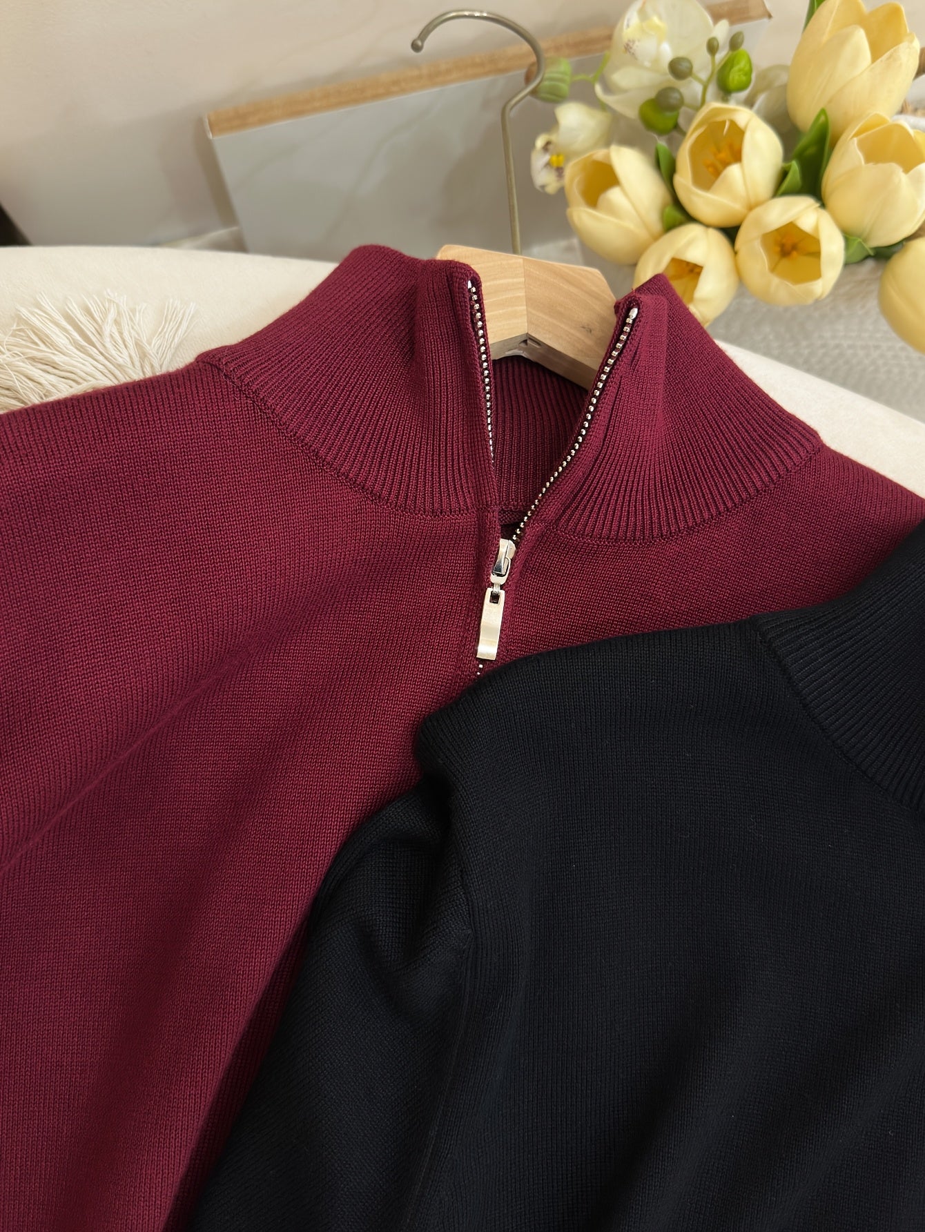 Men’s Burgundy High-Neck Zip-Up Sweater Jacket – Warm Knit Pullover