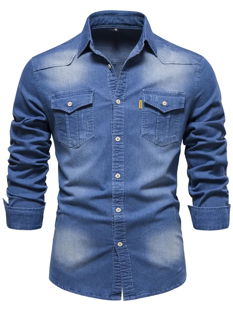 Men’s Stretch Cotton Denim Shirt – Casual Long-Sleeve Button-Up
