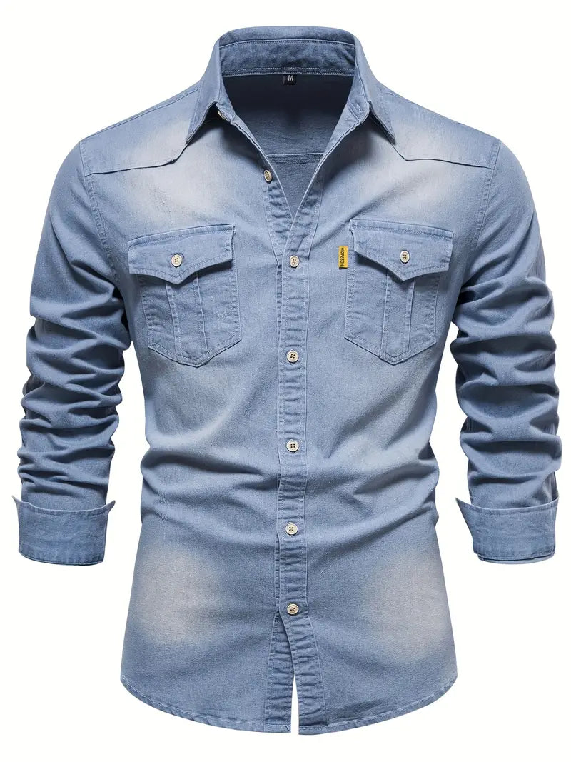 Men’s Stretch Cotton Denim Shirt – Casual Long-Sleeve Button-Up