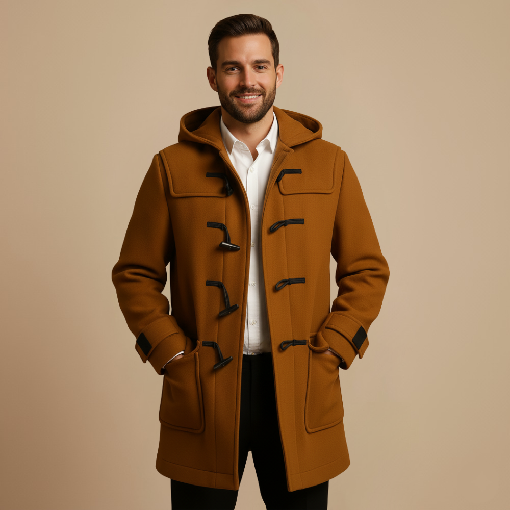 Long Trench Coat with Hood – Men’s Horn-Button Overcoat