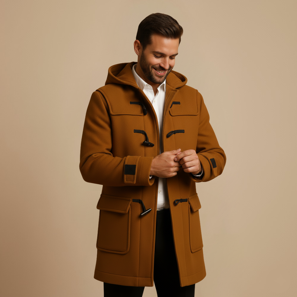 Long Trench Coat with Hood – Men’s Horn-Button Overcoat