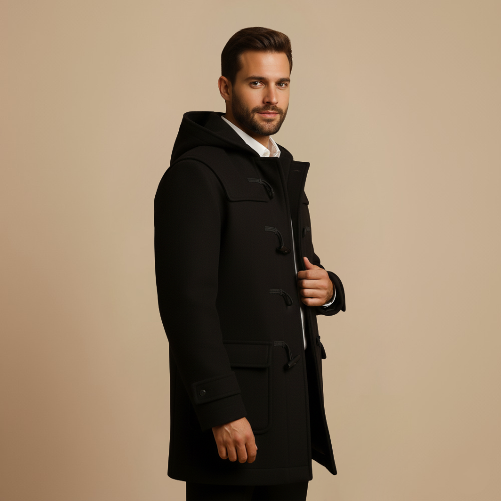 Long Trench Coat with Hood – Men’s Horn-Button Overcoat