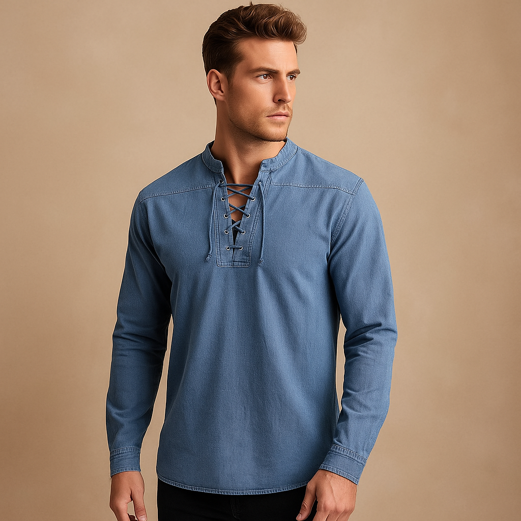 Hanski Men’s Lace-Up V-Neck Shirt – Casual Long Sleeve Top with Relaxed Fit