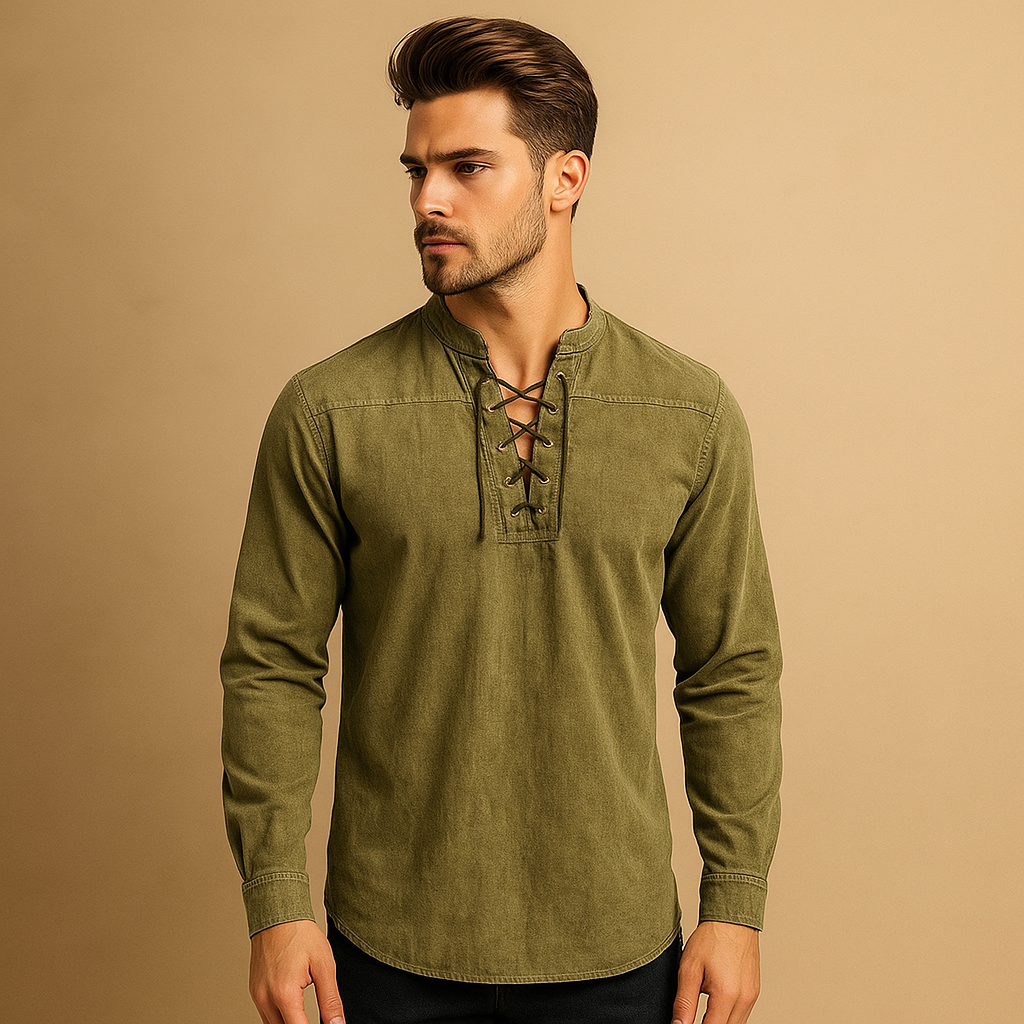 Hanski Men’s Lace-Up V-Neck Shirt – Casual Long Sleeve Top with Relaxed Fit