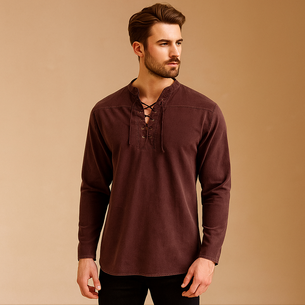 Hanski Men’s Lace-Up V-Neck Shirt – Casual Long Sleeve Top with Relaxed Fit