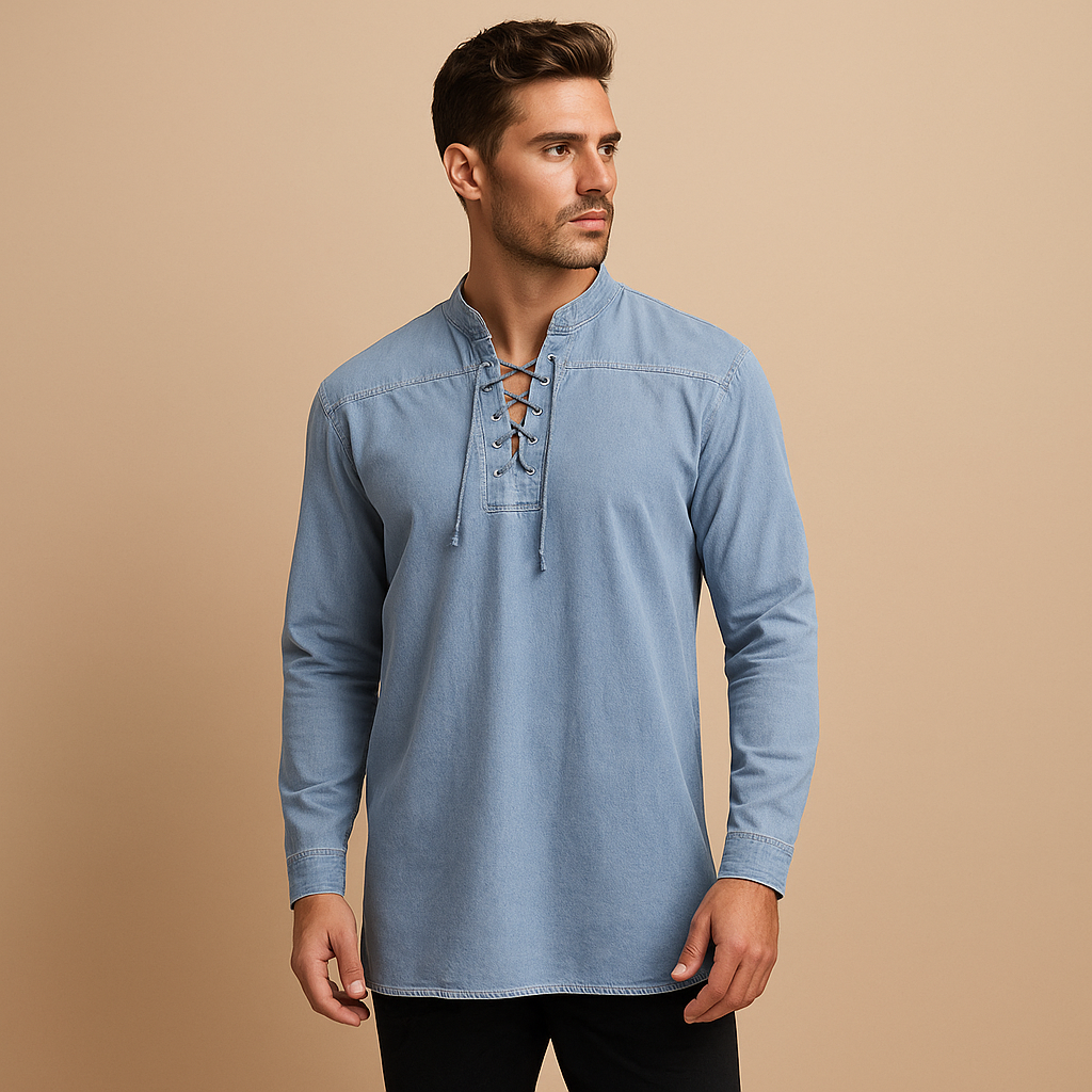 Hanski Men’s Lace-Up V-Neck Shirt – Casual Long Sleeve Top with Relaxed Fit