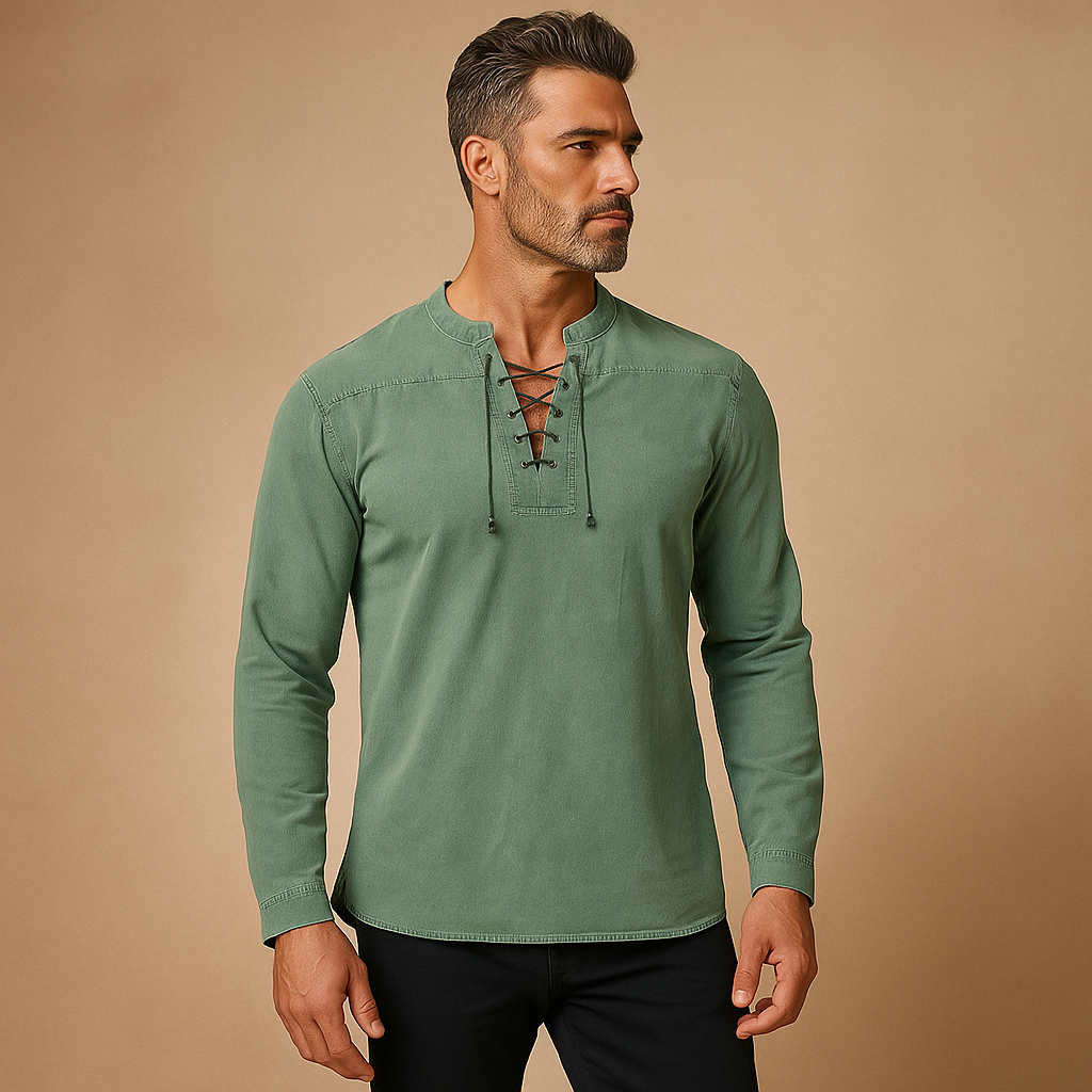 Hanski Men’s Lace-Up V-Neck Shirt – Casual Long Sleeve Top with Relaxed Fit