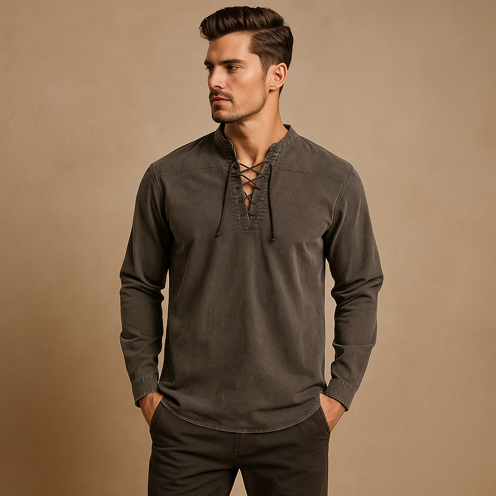 Hanski Men’s Lace-Up V-Neck Shirt – Casual Long Sleeve Top with Relaxed Fit