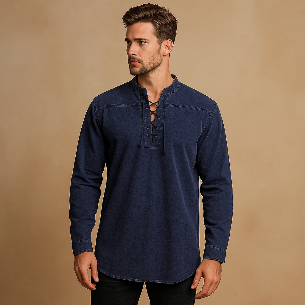 Hanski Men’s Lace-Up V-Neck Shirt – Casual Long Sleeve Top with Relaxed Fit