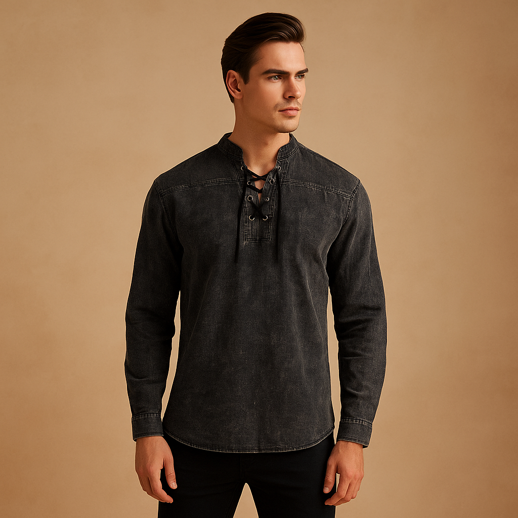 Hanski Men’s Lace-Up V-Neck Shirt – Casual Long Sleeve Top with Relaxed Fit
