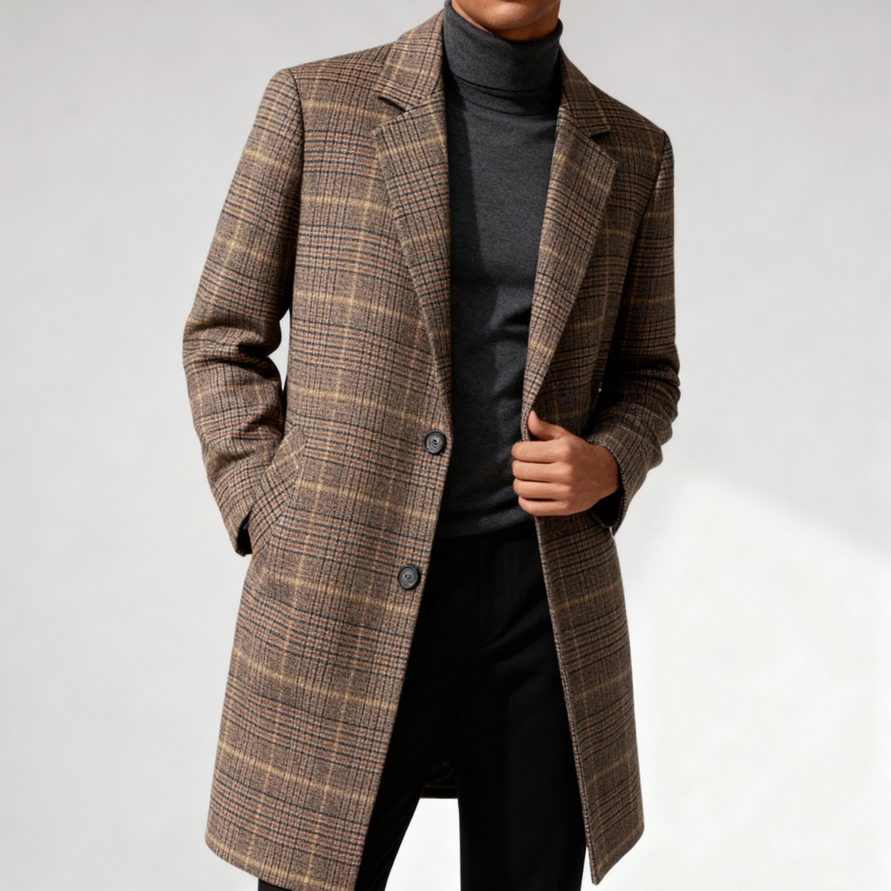 Beckett Men Plaid Wool Long Overcoat - Brown