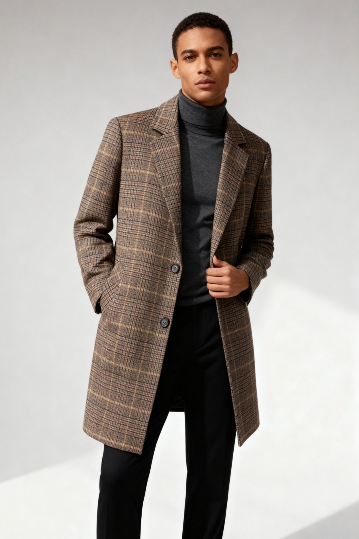 Beckett Men Plaid Wool Long Overcoat - Brown