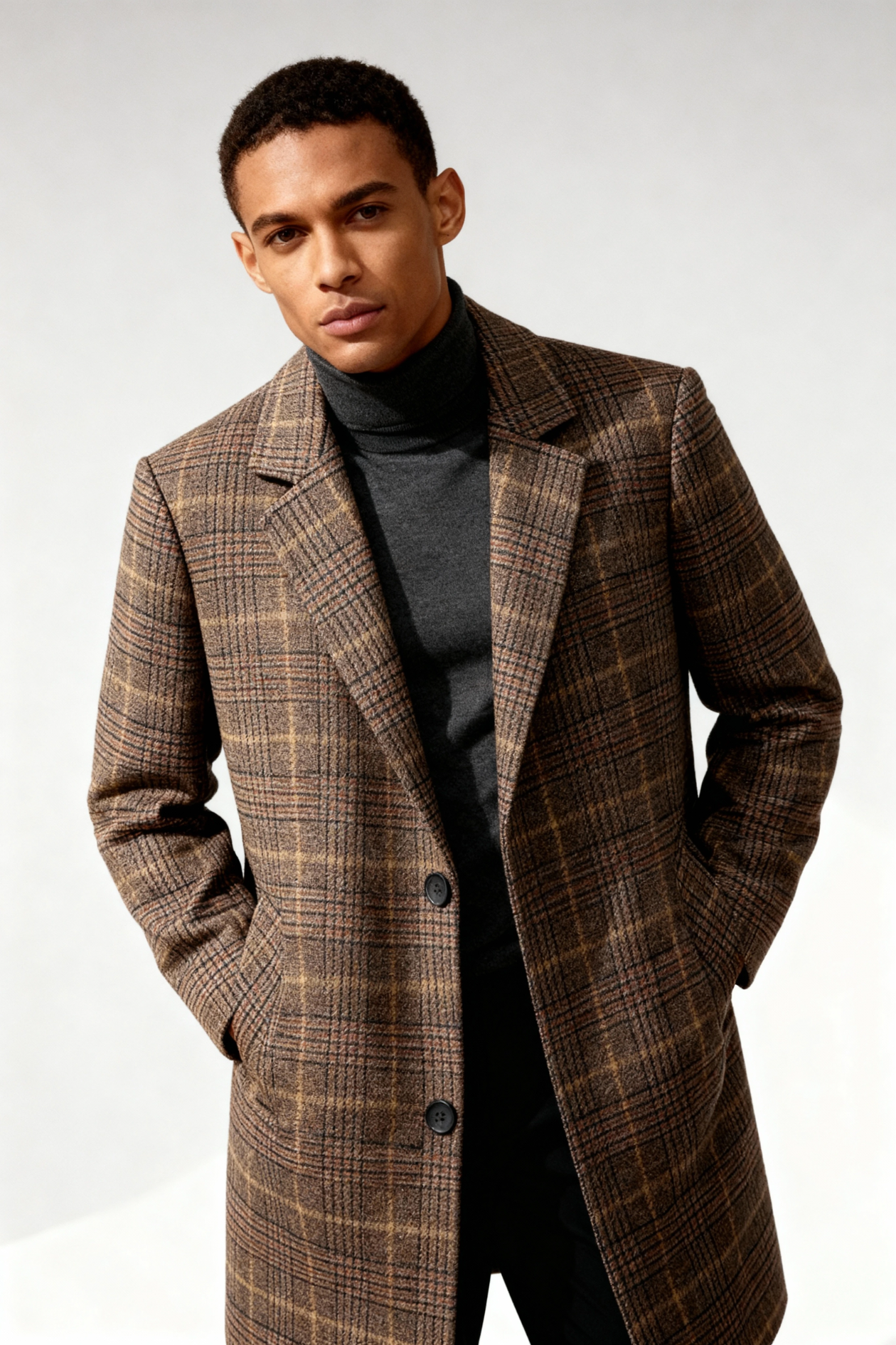 Beckett Men Plaid Wool Long Overcoat - Brown