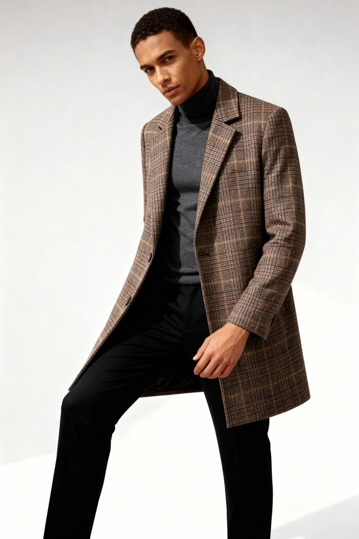 Beckett Men Plaid Wool Long Overcoat - Brown