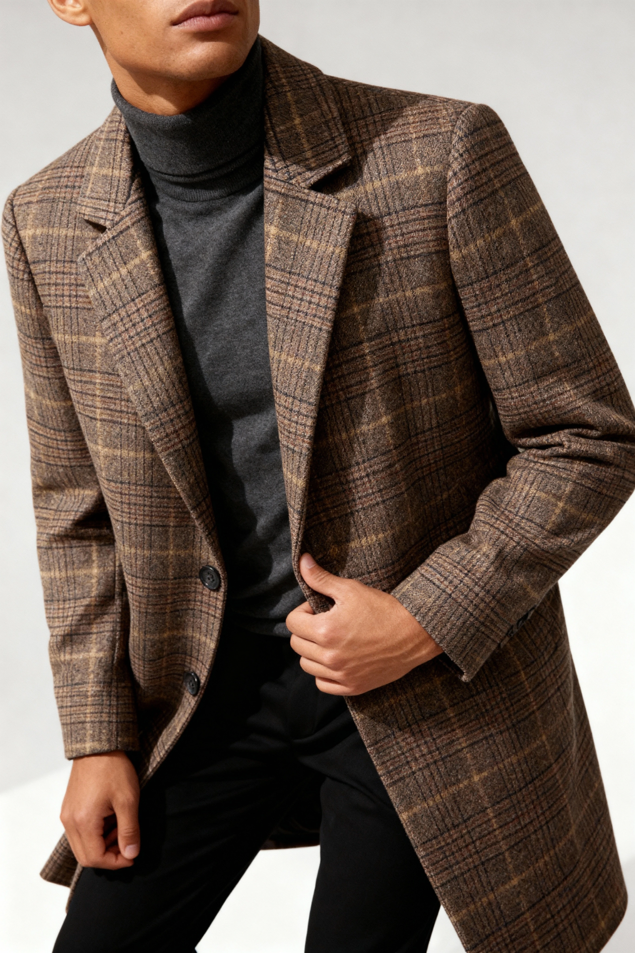 Beckett Men Plaid Wool Long Overcoat - Brown