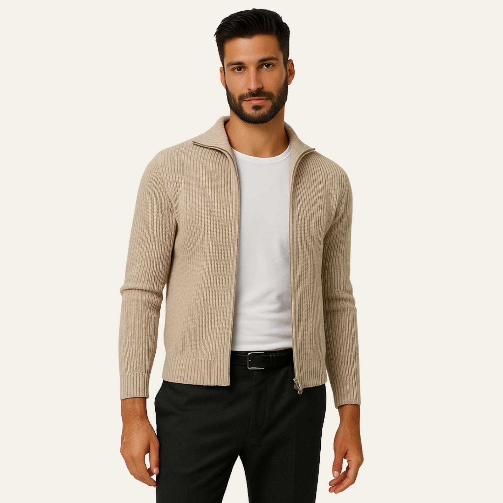 Cashmere Ribbed Men Beige Zip Vest