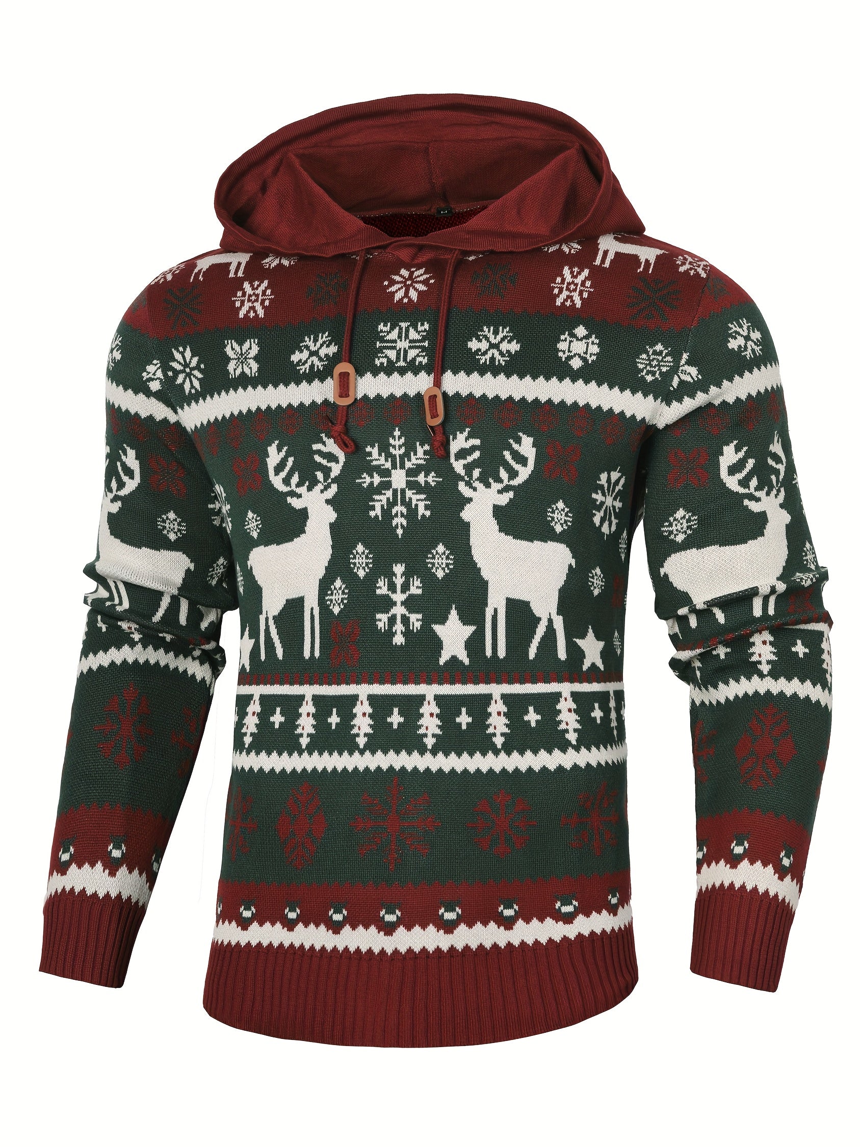 Men's Christmas Sweater Hoodie with Reindeer, Snowflake & Star Patterns - Hooded Pullover