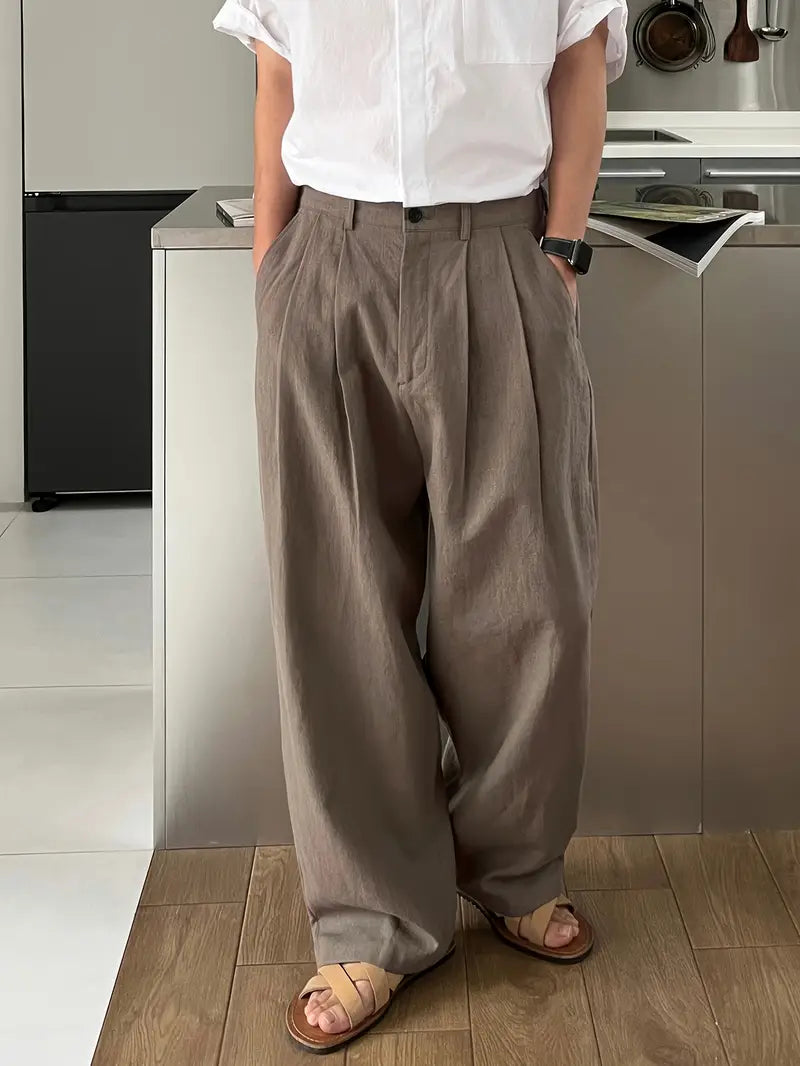 Spraykis | Men's Linen Straight-Leg Pants – Loose Fit, Solid Color, All-Season Comfort with Pockets
