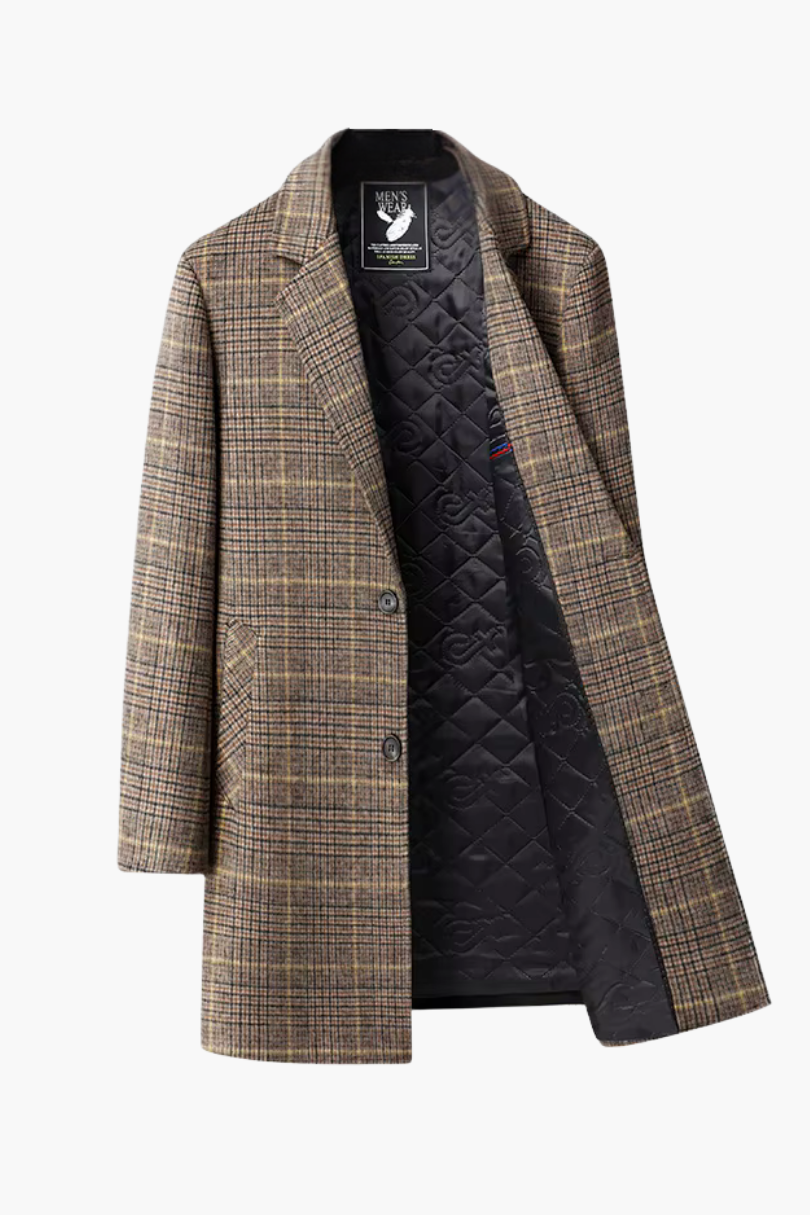 Beckett Men Plaid Wool Long Overcoat - Brown