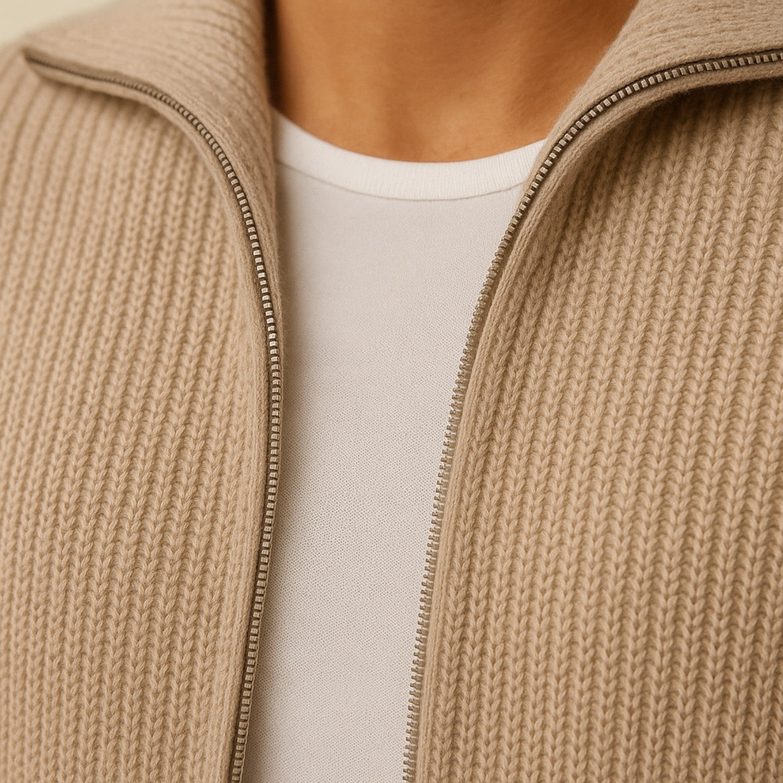 Cashmere Ribbed Men Beige Zip Vest
