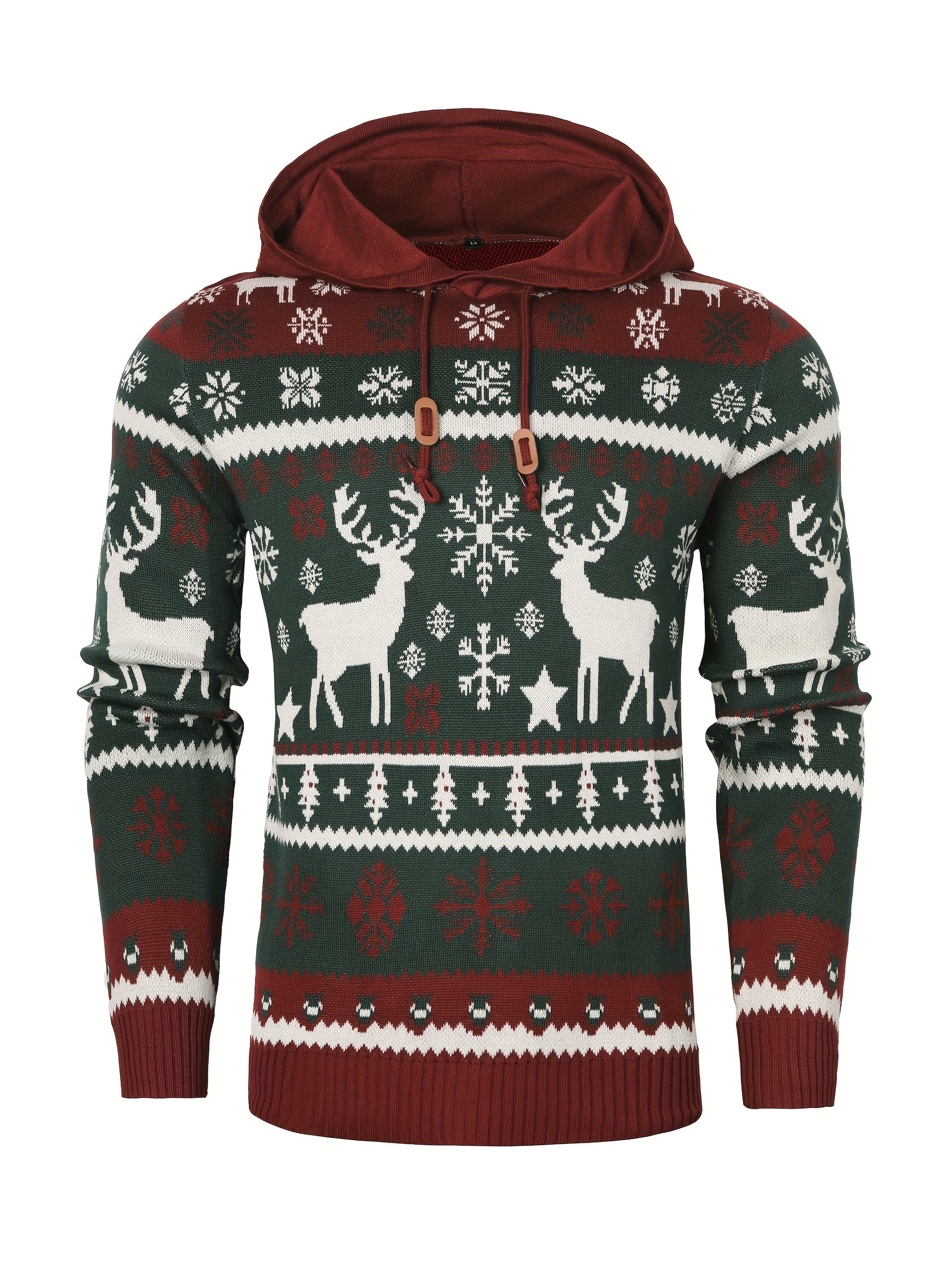Men's Christmas Sweater Hoodie with Reindeer, Snowflake & Star Patterns - Hooded Pullover