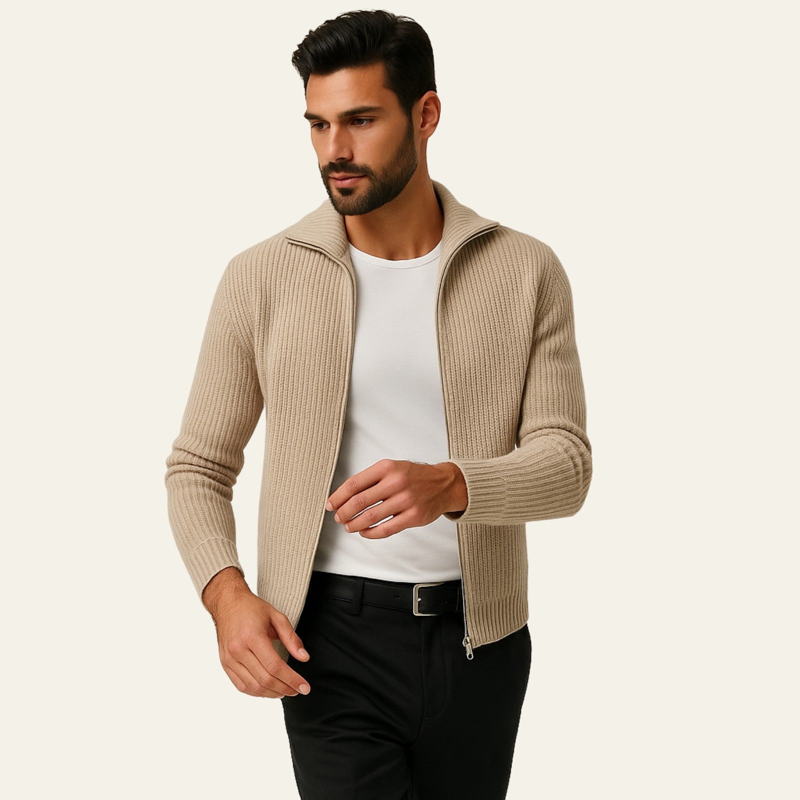 Cashmere Ribbed Men Beige Zip Vest