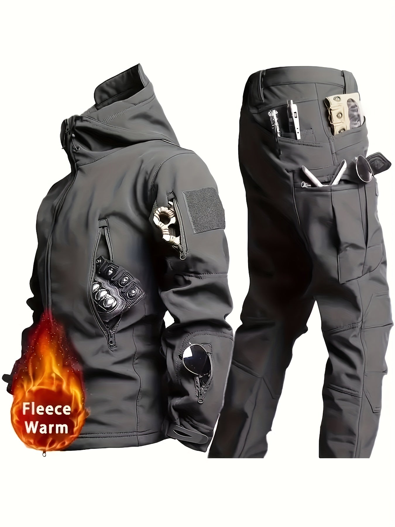 Men’s Outdoor 2-Piece Outfit – Soft Shell Hooded Windbreaker & Cargo Pants