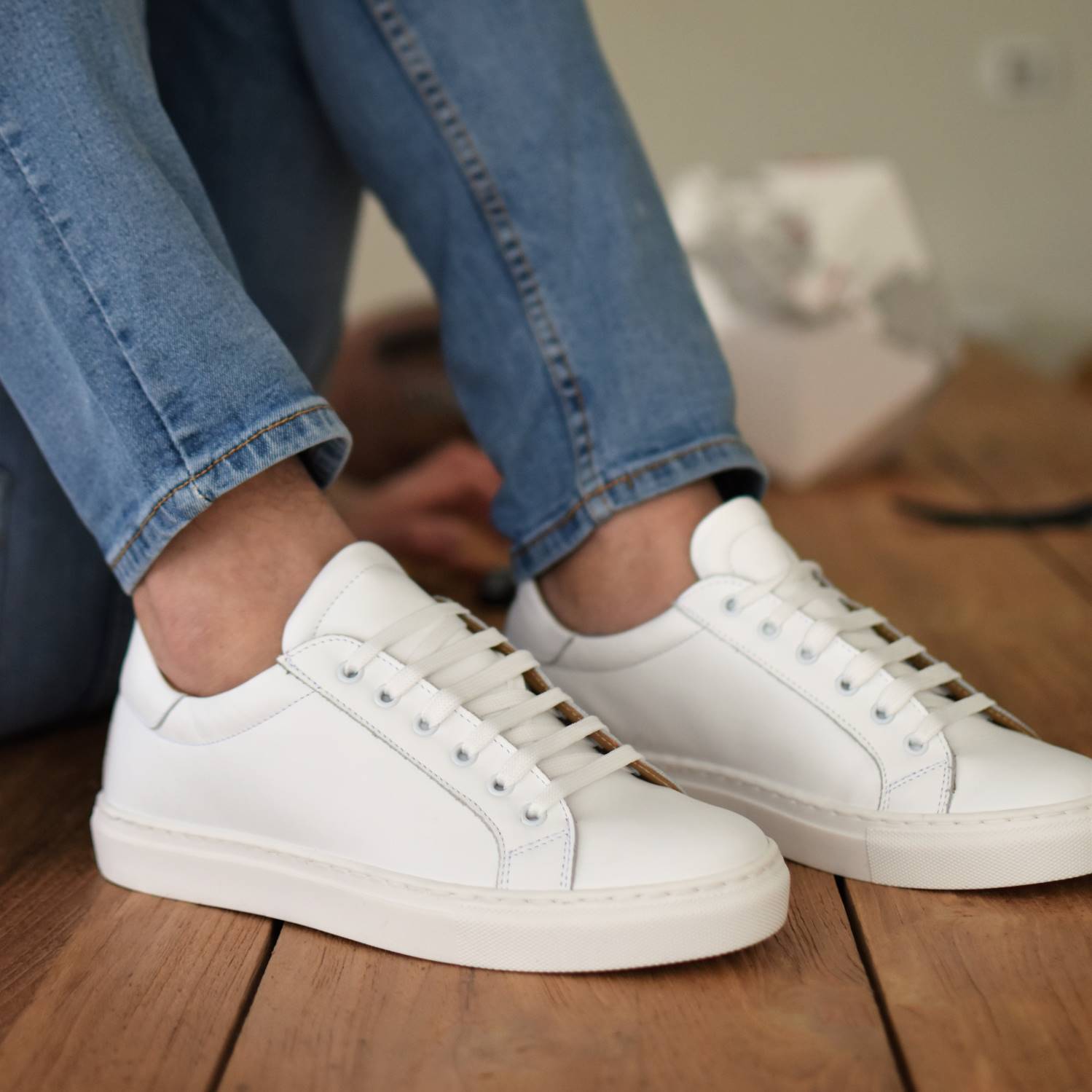 Men’s White Leather Sneakers – All Season Italian Shoes – Rubber Sole