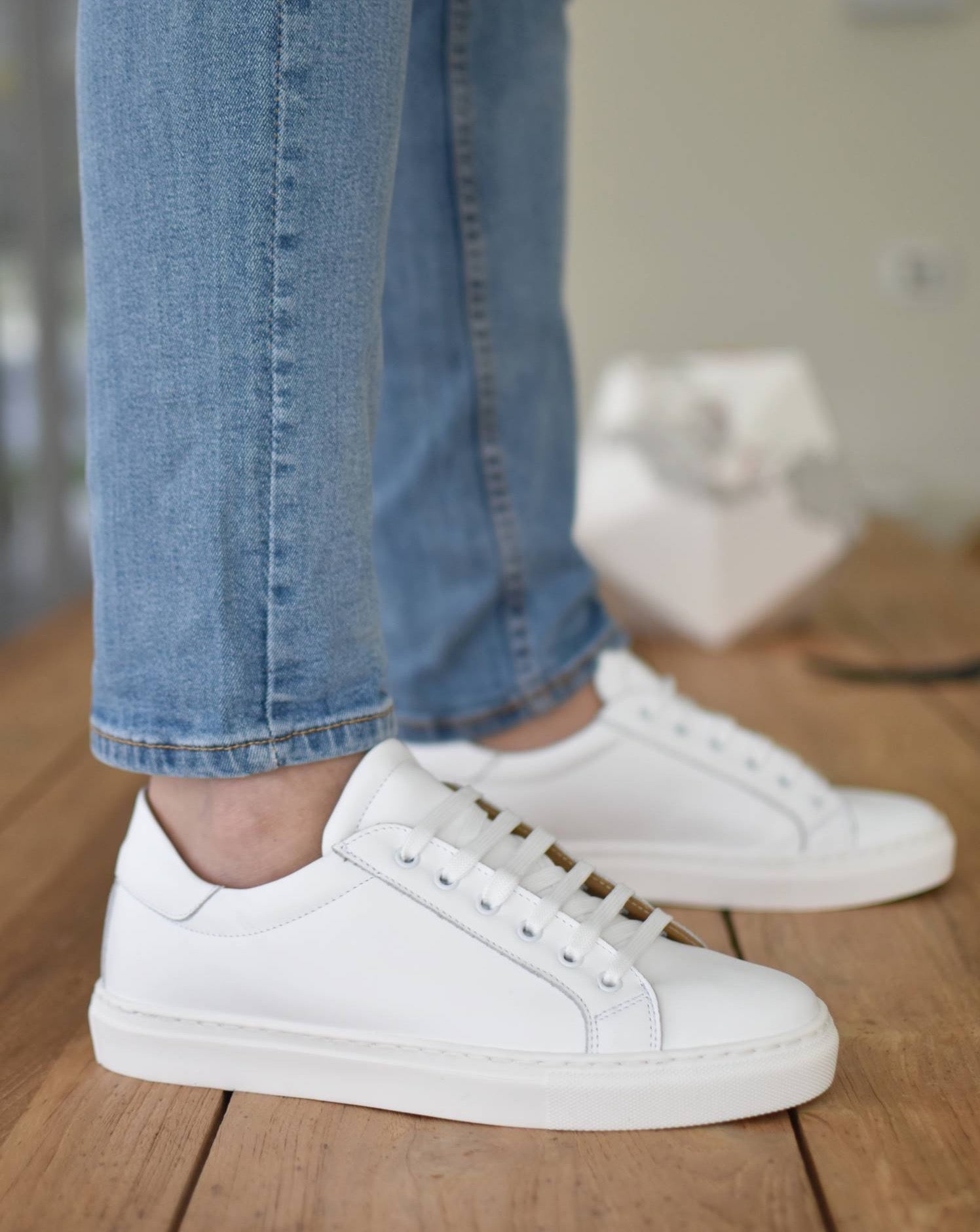 Men’s White Leather Sneakers – All Season Italian Shoes – Rubber Sole