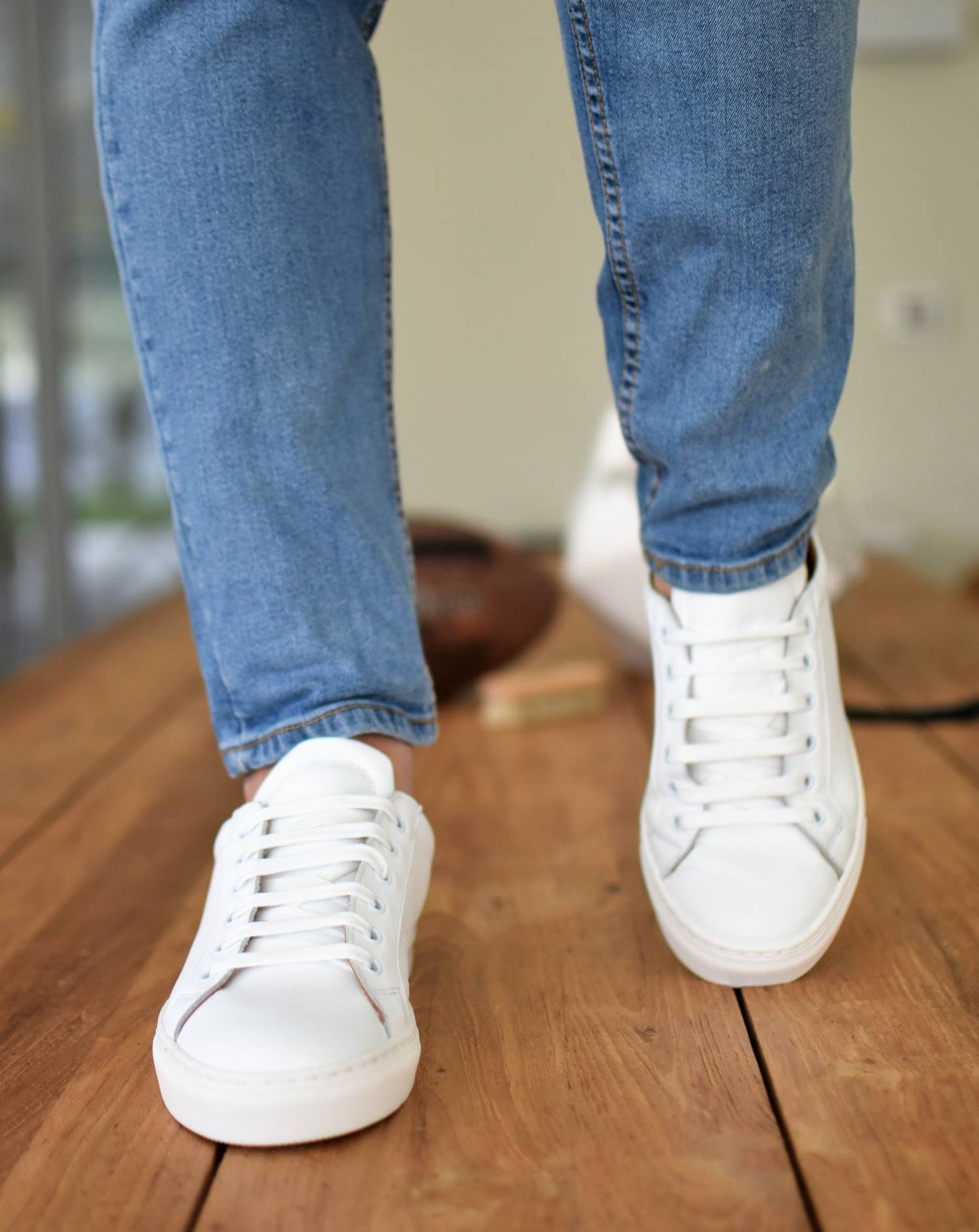 Men’s White Leather Sneakers – All Season Italian Shoes – Rubber Sole