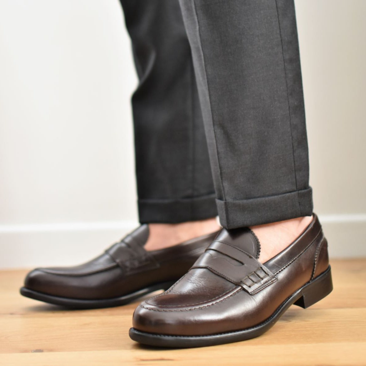 Men’s Italian Leather Penny Loafers – Dark Brown – Classic College Style Shoes – Genuine Leather Sole