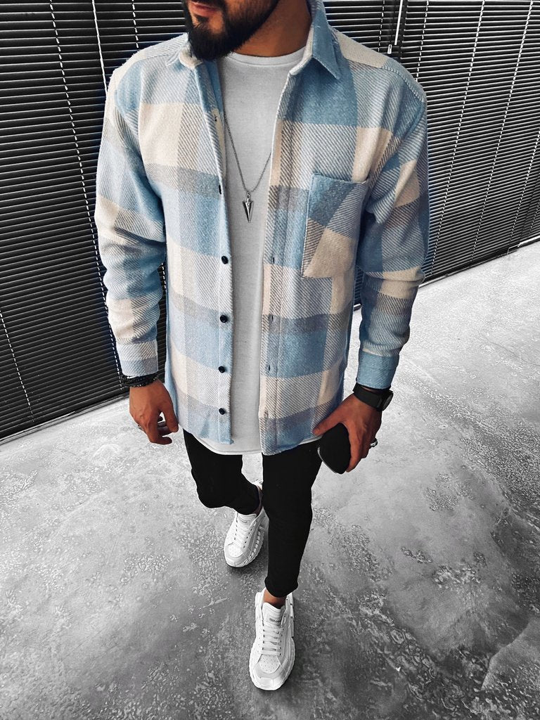 Men’s Light Blue Checked Cardigan Jacket – Classic Button-Up Overshirt