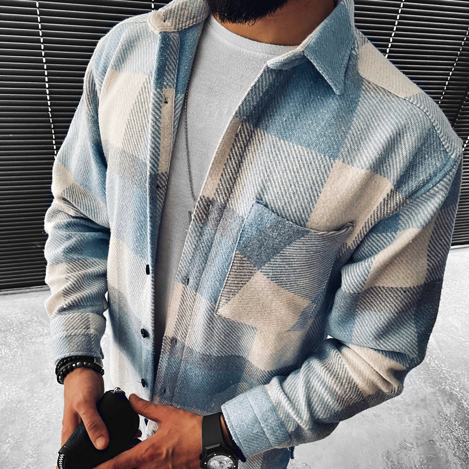 Men’s Light Blue Checked Cardigan Jacket – Classic Button-Up Overshirt