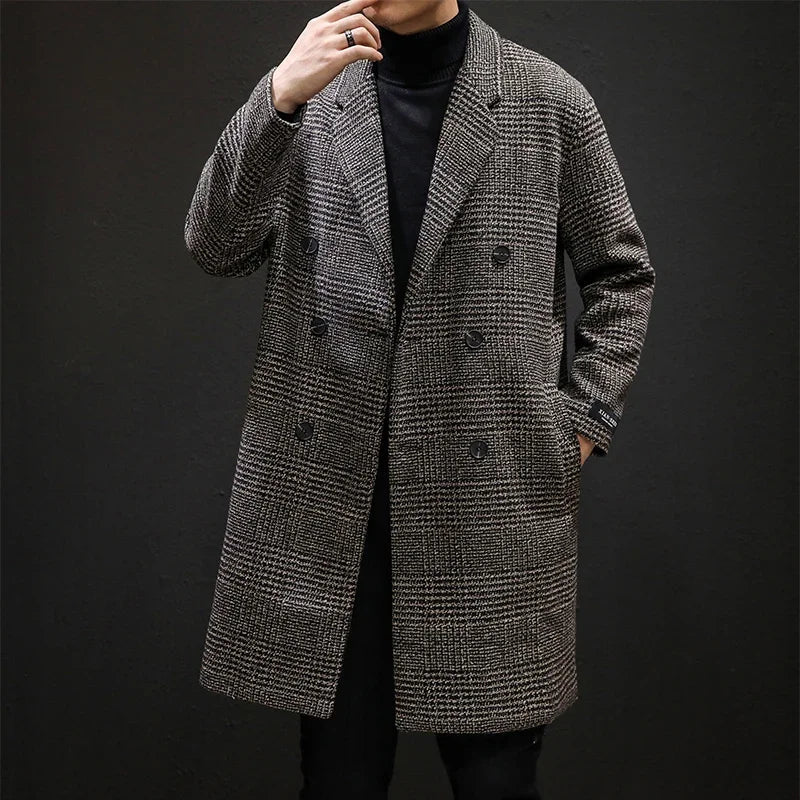 Men’s Double-Breasted Wool Overcoat – Houndstooth Pattern & Timeless Winter Elegance
