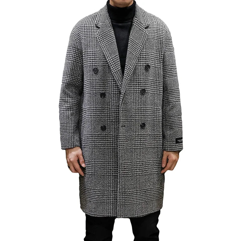 Men’s Double-Breasted Wool Overcoat – Houndstooth Pattern & Timeless Winter Elegance