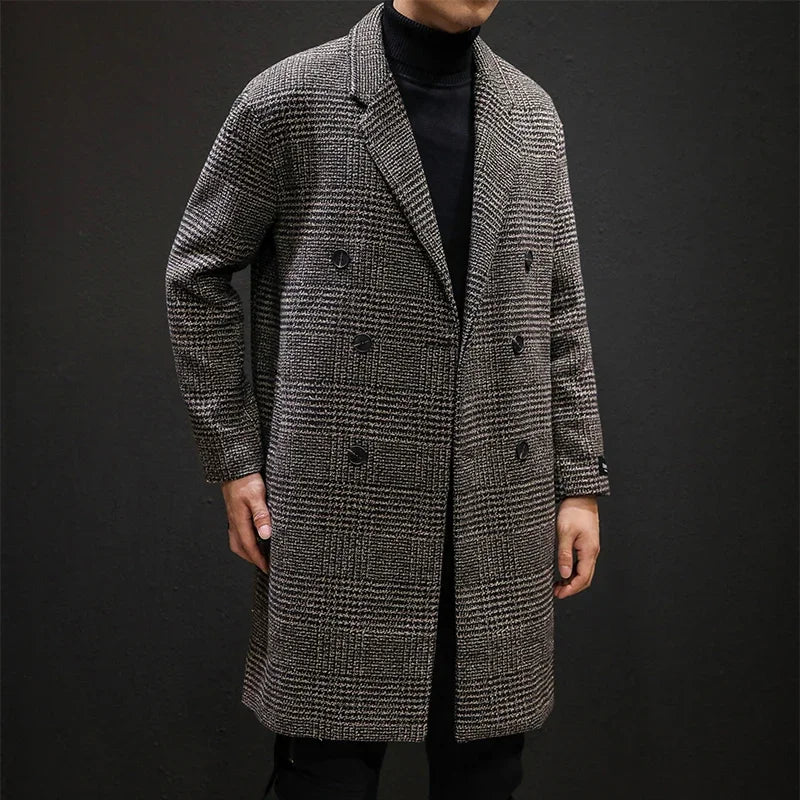 Men’s Double-Breasted Wool Overcoat – Houndstooth Pattern & Timeless Winter Elegance
