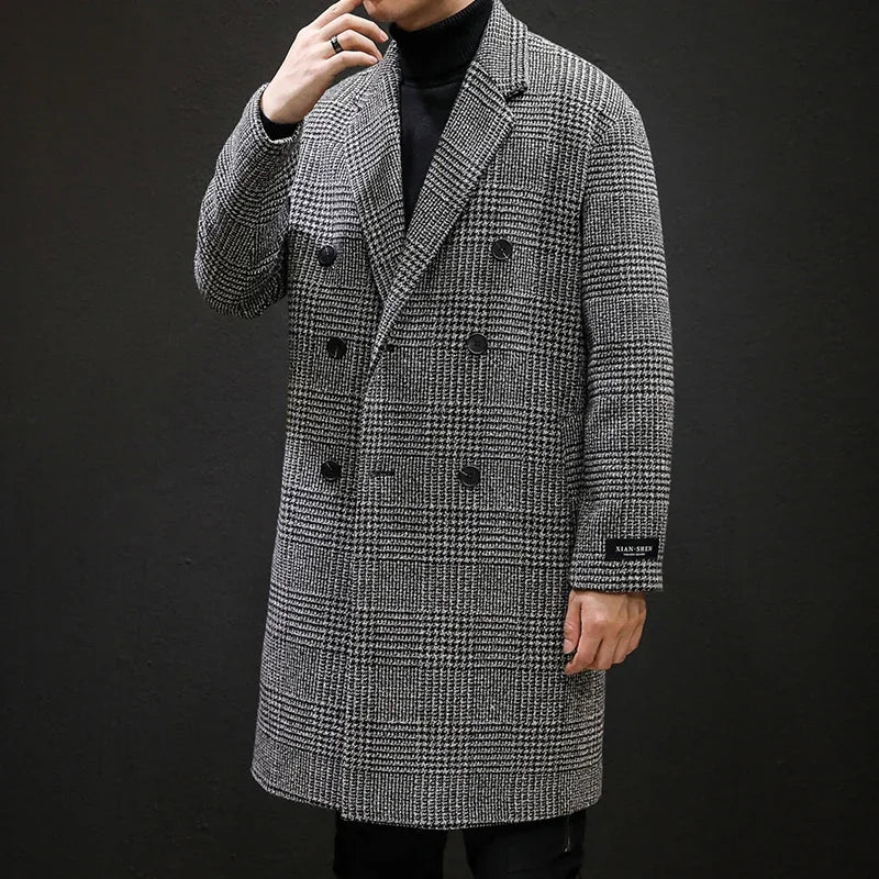 Men’s Double-Breasted Wool Overcoat – Houndstooth Pattern & Timeless Winter Elegance