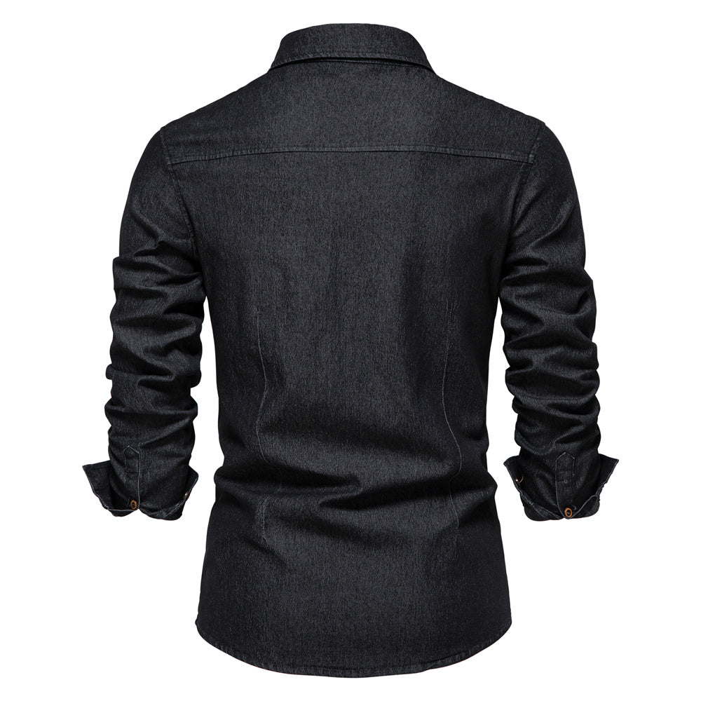 Men’s Stretch Cotton Denim Shirt – Casual Long-Sleeve Button-Up