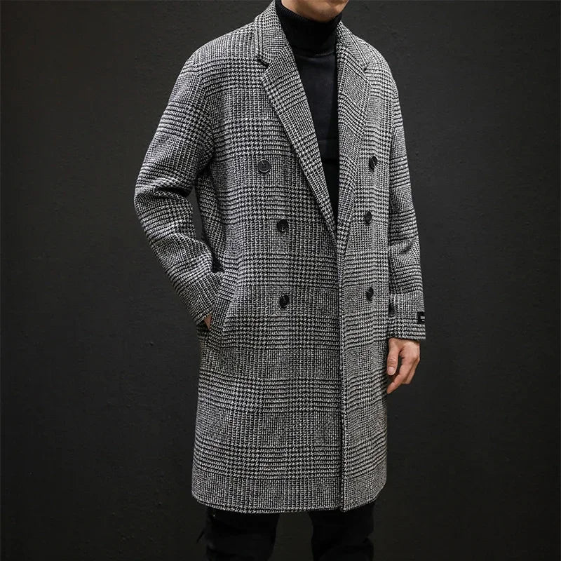 Men’s Double-Breasted Wool Overcoat – Houndstooth Pattern & Timeless Winter Elegance