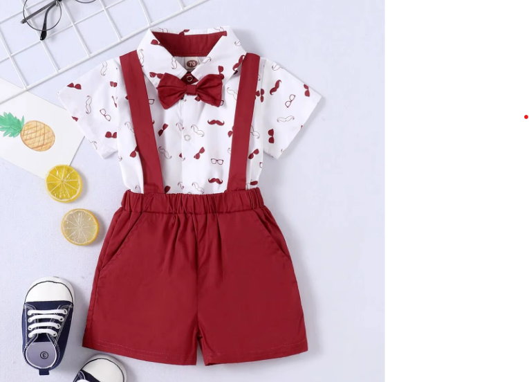 2PCS Summer Boys Short Sleeve Bodysuit with Bow + Suspender Shorts