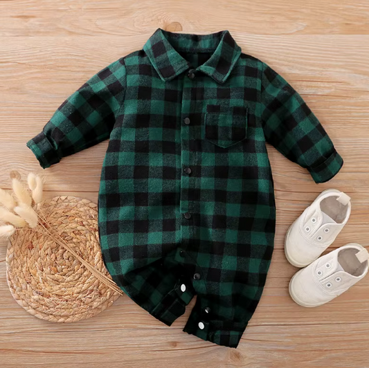 Green Plaid Boy Rompers Christmas Jumpsuit One piece