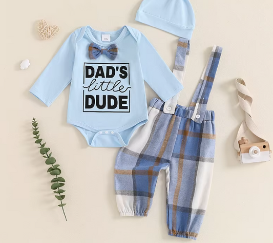 Dads little Dude Romper Plaid Suspender Pants Hat 3 Piece Set