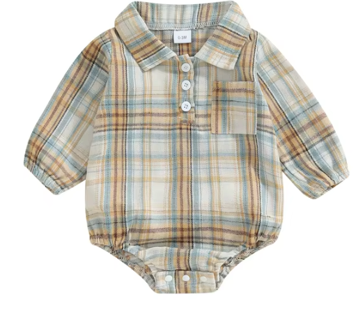 Baby Boy Plaid Romper Pocket Lapel Neck Long Sleeve