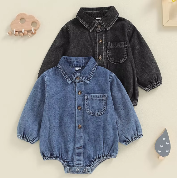 Long Sleeve Lapel Collar Solid Denim Romper Playsuit