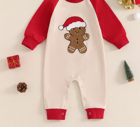 Christmas Romper Gingerbread Man Embroidery Long Sleeve Full Length