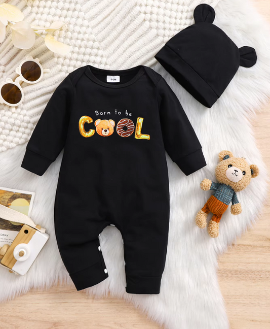 Baby Boys Romper with Hat ‘’Born to be COOL‘’ Cartoon Bear Print