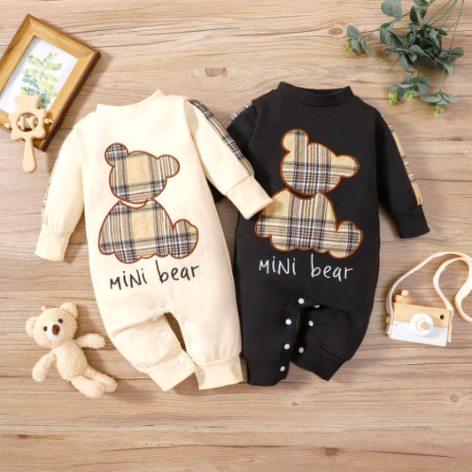 Newborn Babies Plaid Patch Bear Long Sleeves One-piece Romper Cloth