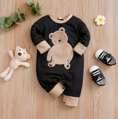 Cute Cartoon Teddy Bear Short Plush Embroidered Long Sleeve Baby Romper