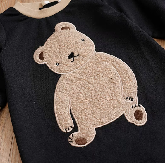 Cute Cartoon Teddy Bear Short Plush Embroidered Long Sleeve Baby Romper